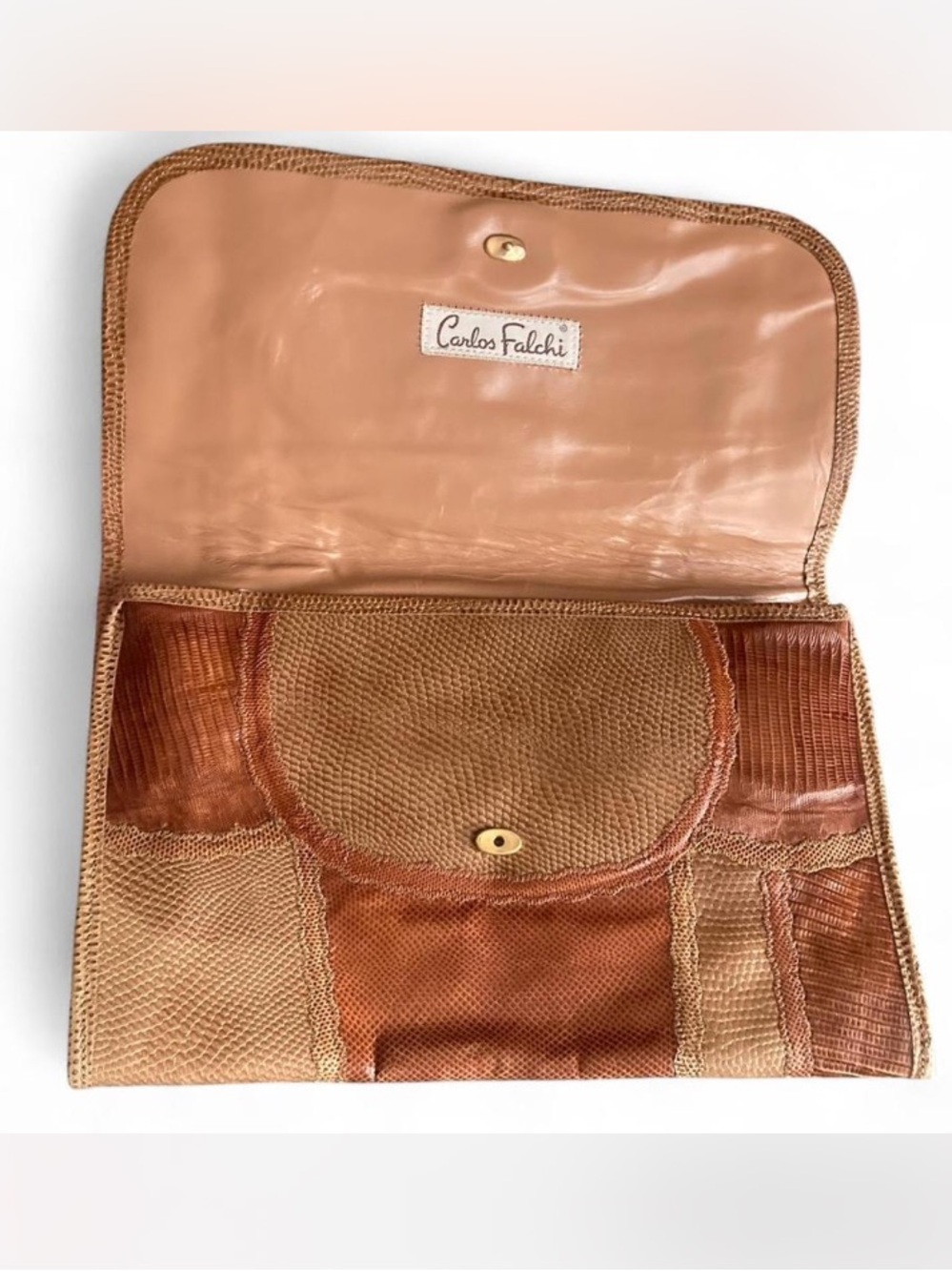 Carlos Falchi Patchwork Lizard Leather Envelope Clutch - Tan & Brown - Picture 3 of 7